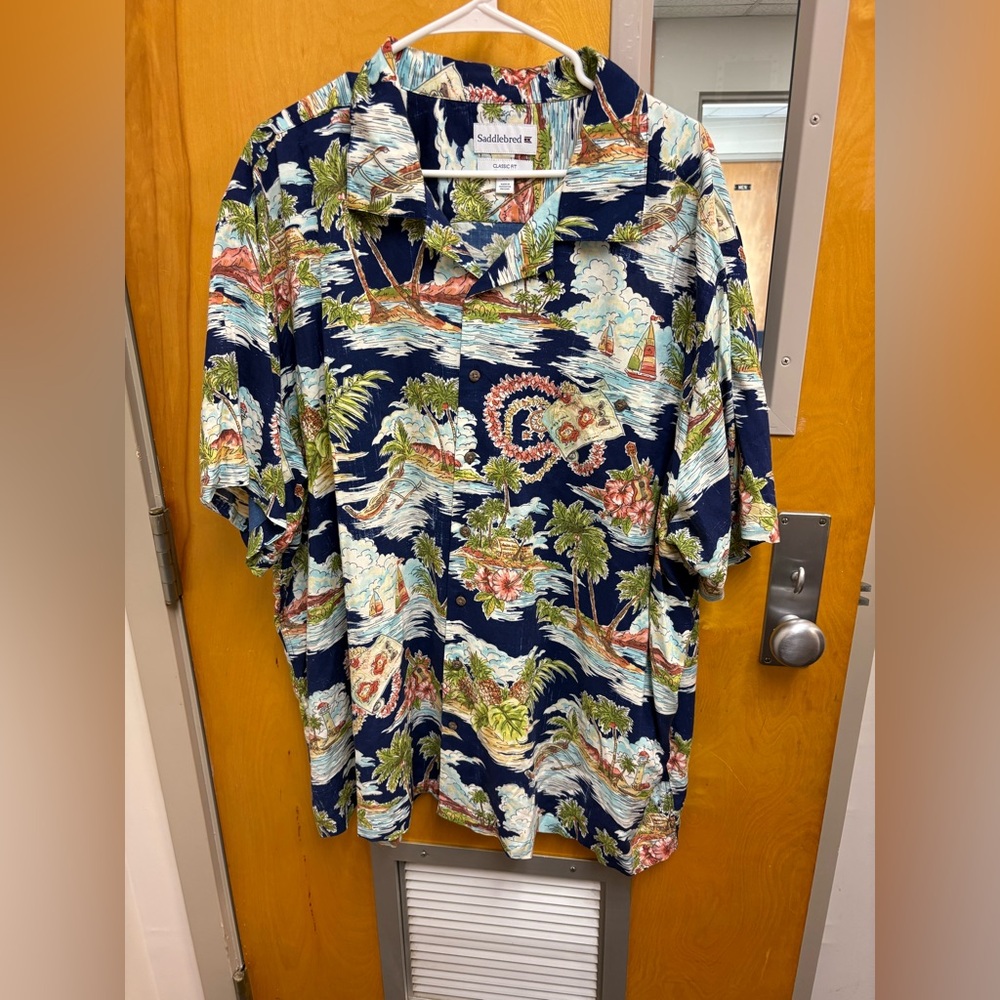 Saddlebred Navy Tropical Island Print Camp Shirt